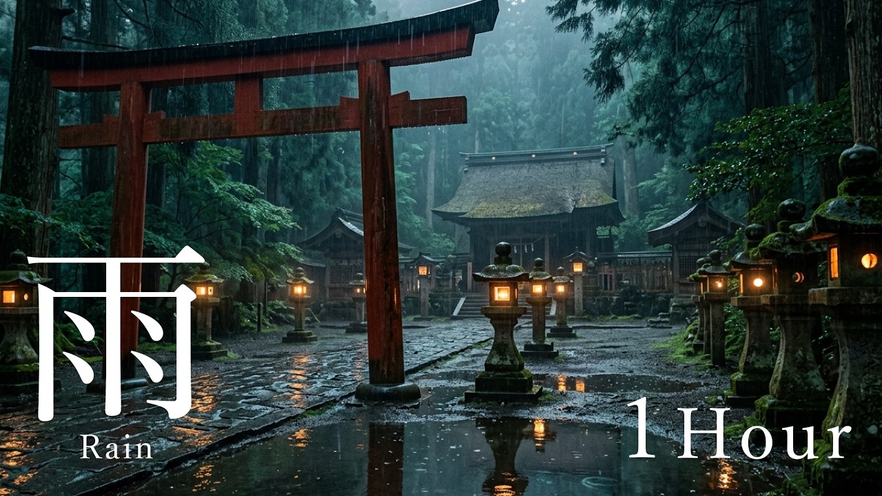 Empty Japanese Shrine in the Rain | Solitary Meditation Music | 1 Hour