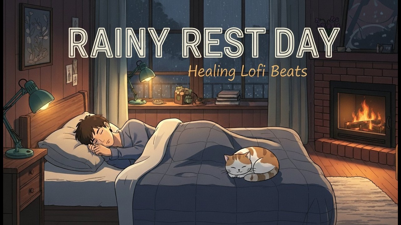 Rainy Rest Day | Healing Lofi Beats & Cozy Fireplace to Relax / Sleep