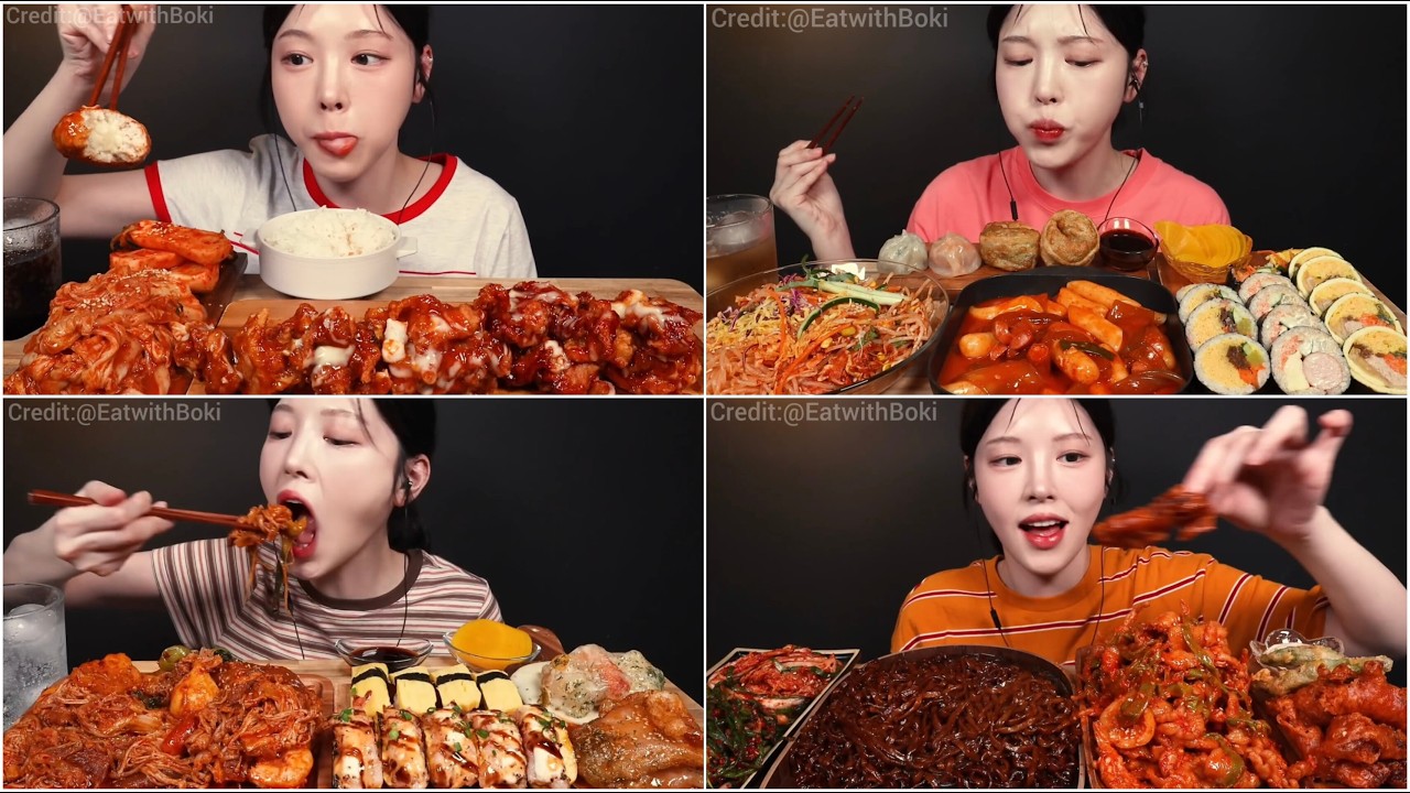 Mukbang compilation spicy ramen noodle grilled chicken shrimp & sushi with spicy sauce voll 1
