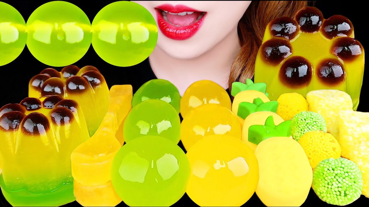 ASMR JEWELRY CANDY SPOON, FRUIT JELLY, CHOCOLATE * YELLOW, GREEN FOOD 먹방 EATING SOUNDS MUKBANG 咀嚼音