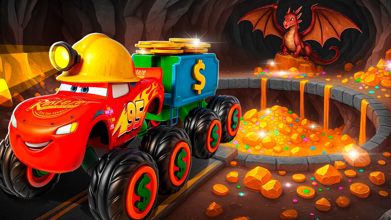 💎Lightning McQueen & Tow Mater & PIXAR cars Jump into GIANT GOLD PIT with DRAGON! – BeamNG Drive 💰