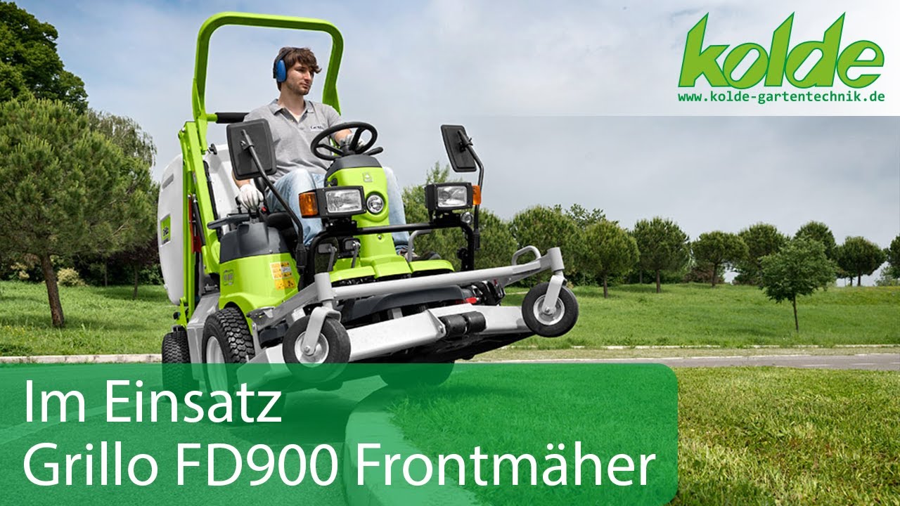 Frontmäher mit Fangkorb und Hochentleerung Grillo FD 900 im Einsatz / Präsentation