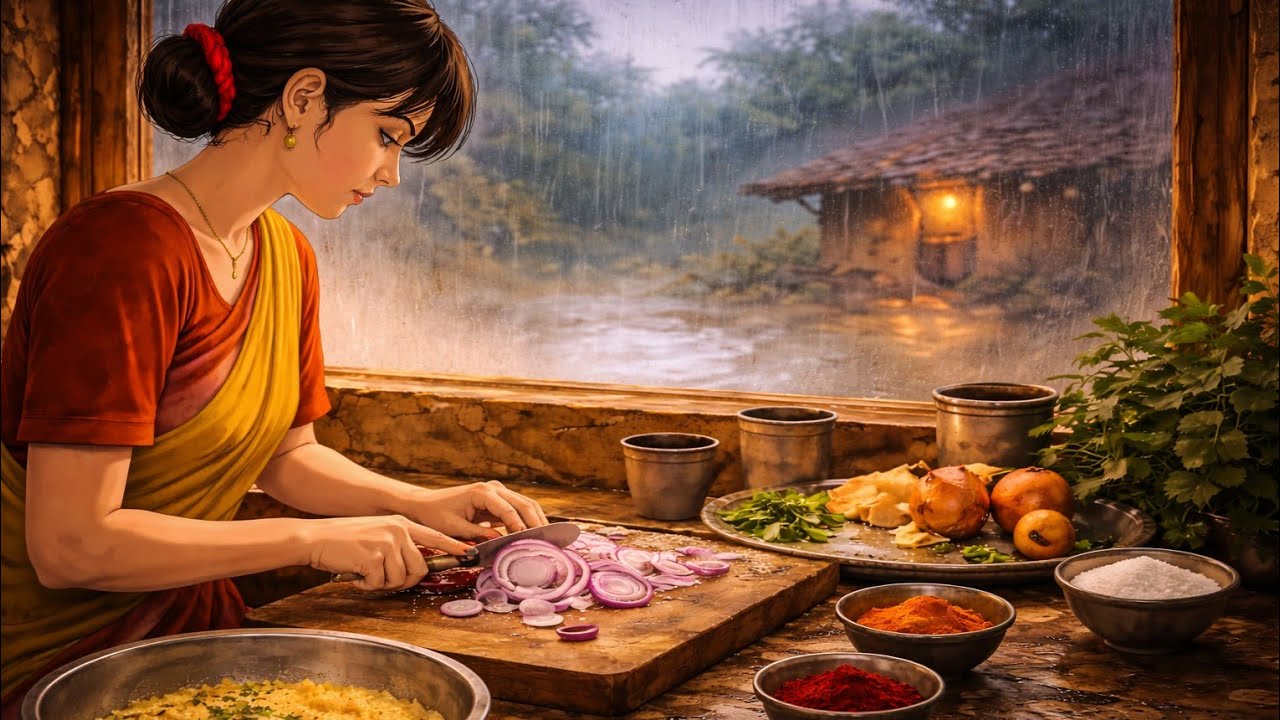 Rainy Days in a Village 🌧️⚡ | Chai Pakoda & Family Moments | Healing Ghibli Vibes✨