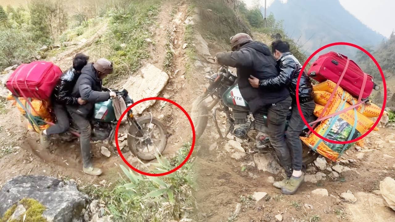 A highly skilled motorcycle driver carries multiple bags of fertilizer steep and dangerous mountains