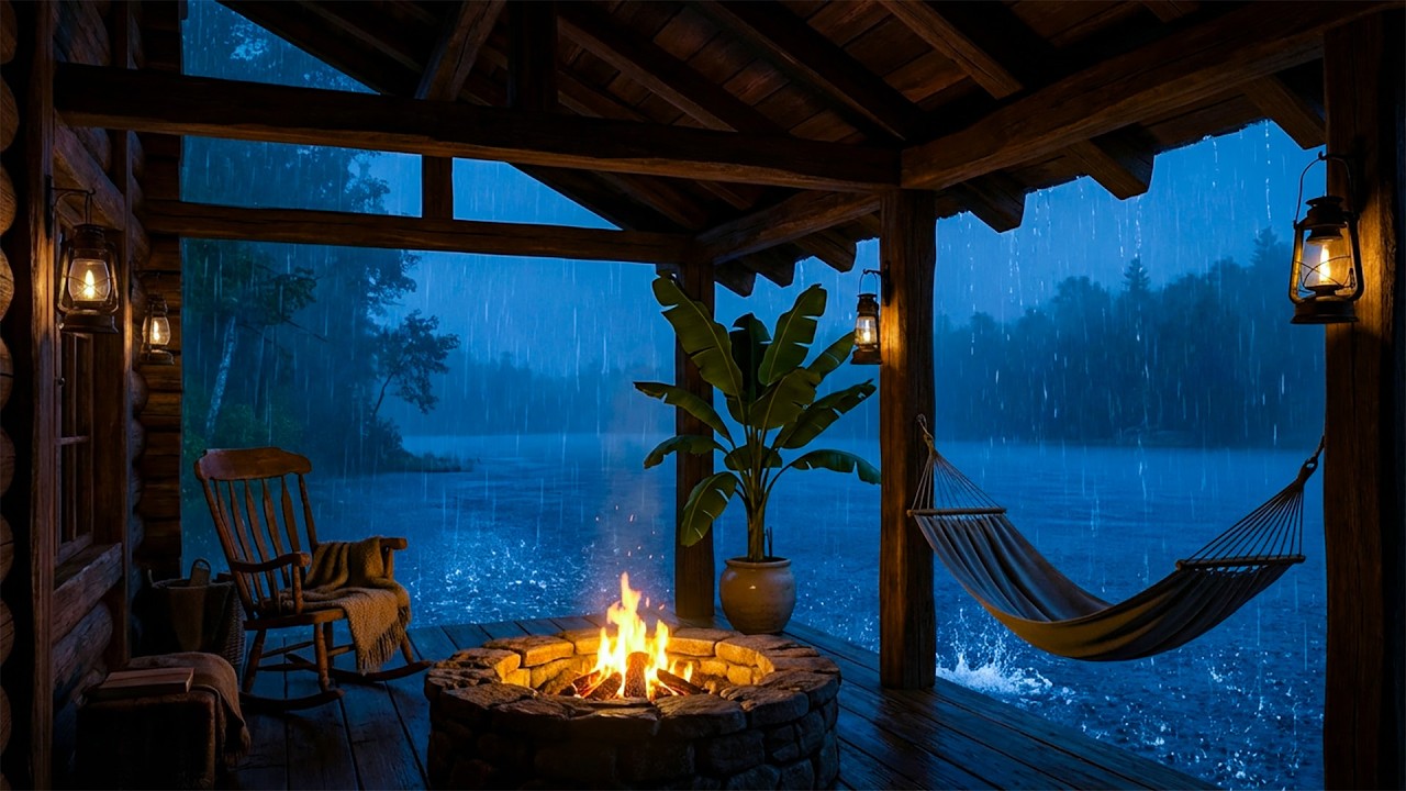 Goodbye Stress to Sleep Instantly with Heavy Rain & Thunder on Old Metal Roof in Rainforest at Night