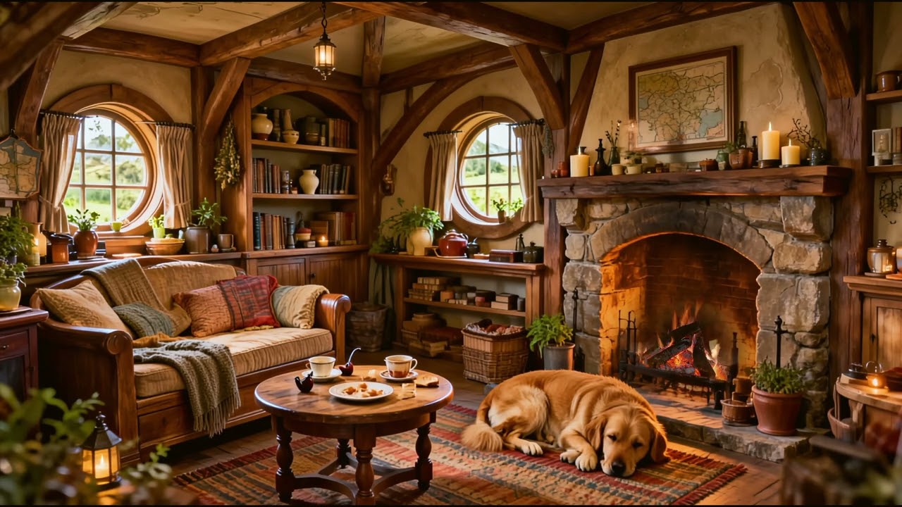 Lord of the Rings Inspired Hobbit ambience 🐕 Sleeping dog by the fireplace 🔥 5 hours cozy atmosphere