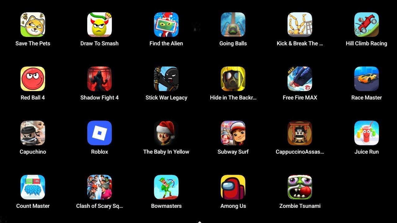 Red Ball 4, Find The Alien 2, Save The Doge, Bowmasters, Minecraft, Grimace Monster Scary