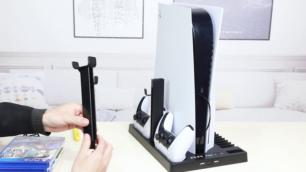 PS5 All-in-one Console Stand with Cooling Fan and Controller Charging Dock