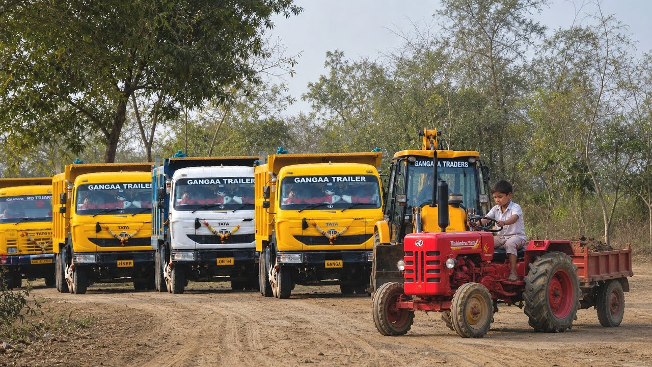 JCB 3dx Backhoe Machine Loading Mud In Tractor & Trucks | Mahindra Mini Tractor & 3 TATA Dump Truck 
