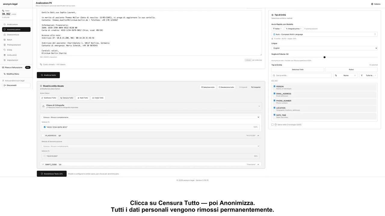 Come anonimizzare i dati personali in testi, file e documenti — 285+ tipi | anonym.legal Demo
