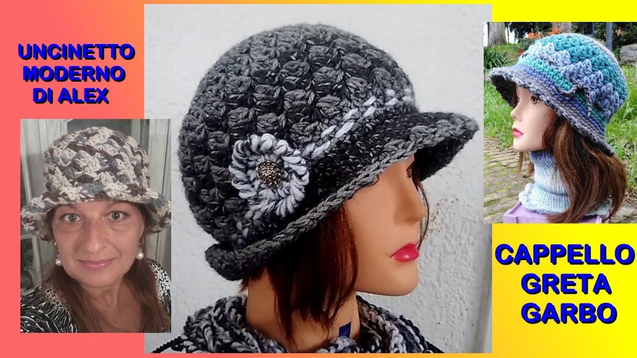 CAPPELLO UNCINETTO "GRETA GARBO" PUNTO CHIOCCIOLA CON TESA ALEX CROCHET TUTORIAL FACILE