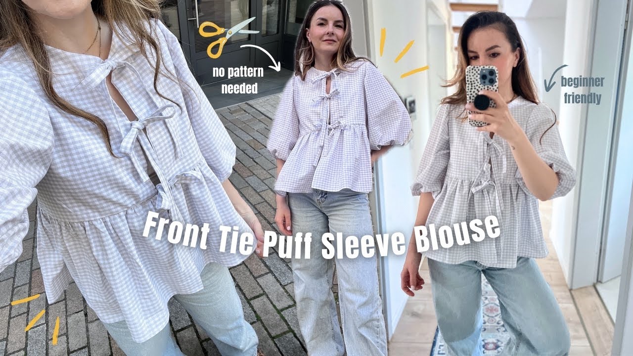 DIY Puff Sleeve Top with Front Ties ✂️ No Pattern Needed! | Beginner Sewing Tutorial | Self Drafted