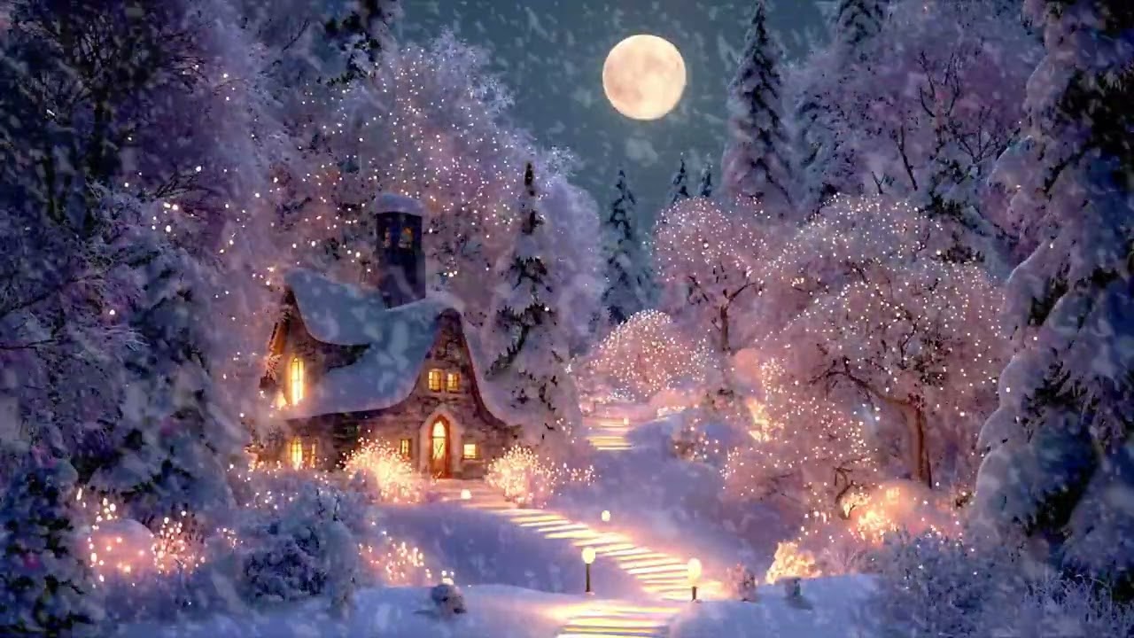 Moonlit Winter Cottage ❄️ Warm Lights, Falling Snow & Magical Night Ambience for Deep Sleep