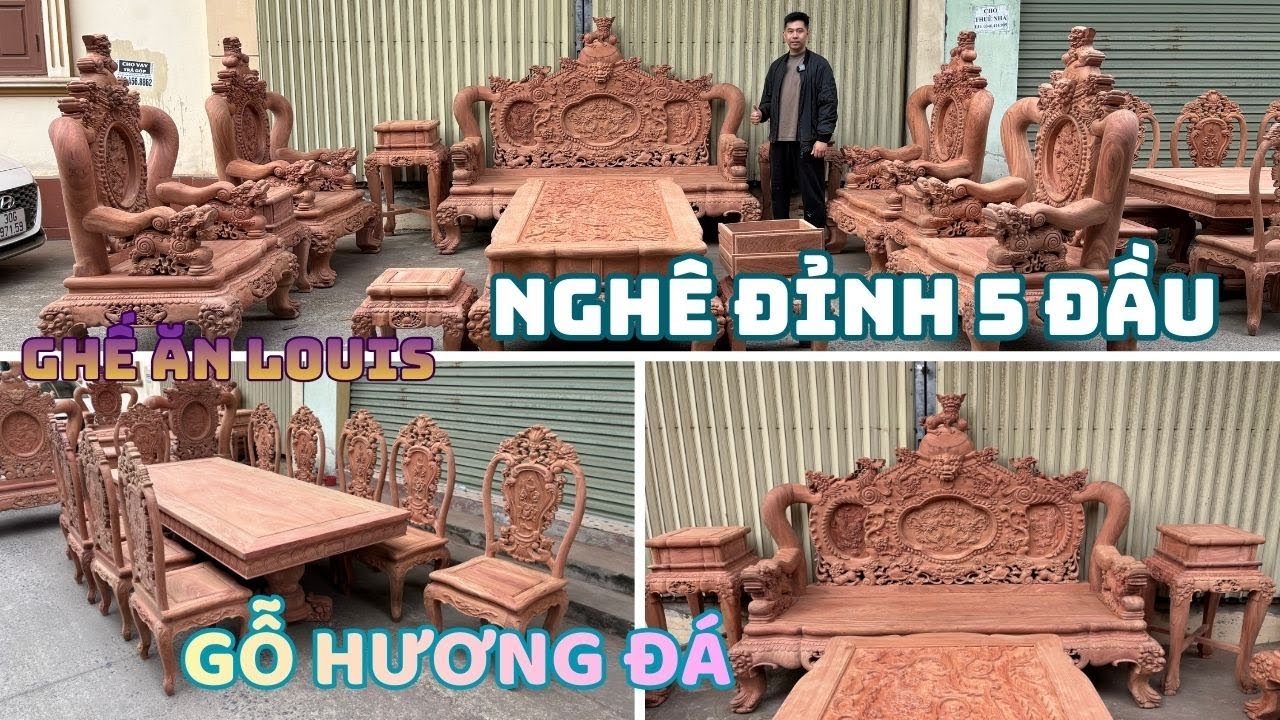 Siêu Phẩm Phần Mộc Nghê Đỉnh 5 Đầu Chân 16 Cột Và Bàn Ghế Ăn Louis Gỗ Hương Đá - ĐỒ GỖ QUÂN NGA