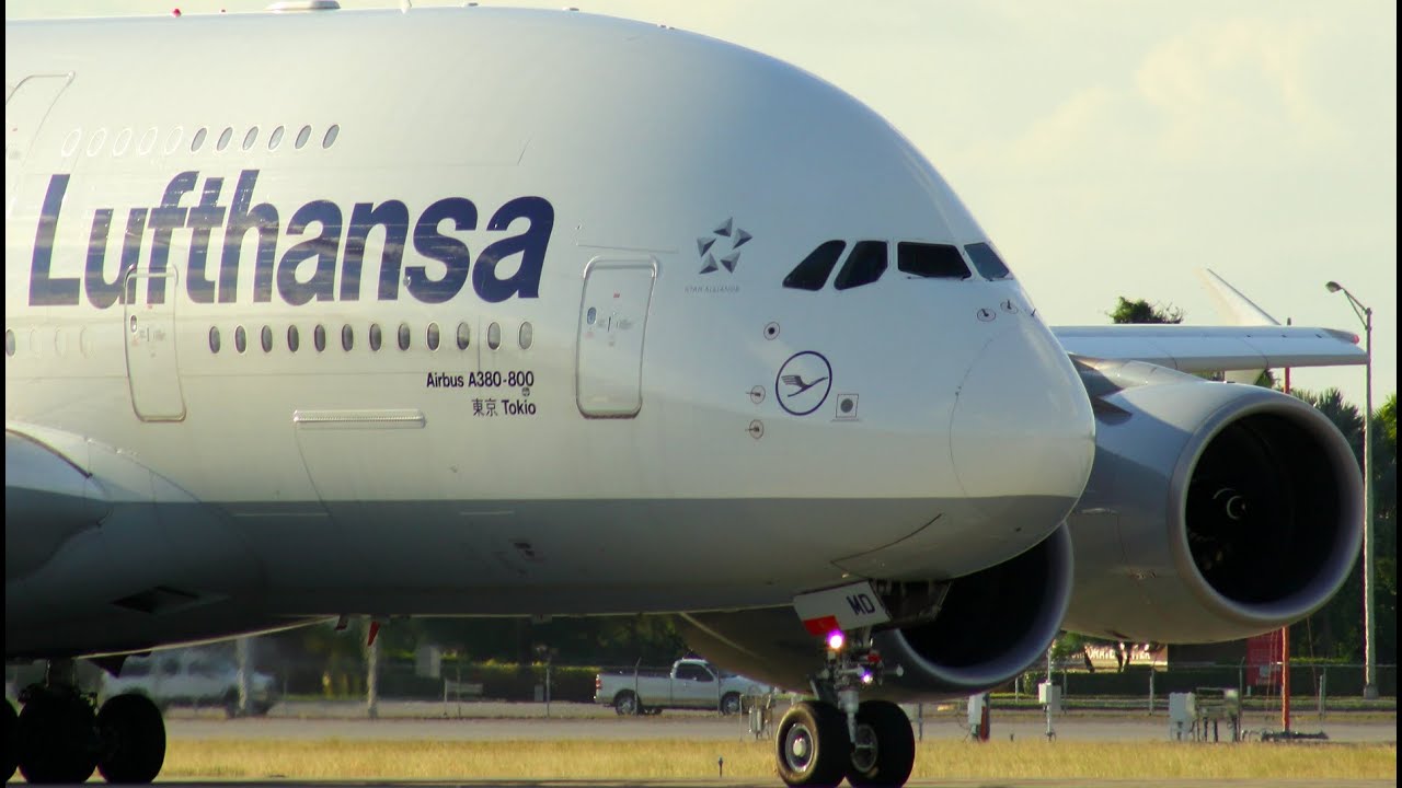 {TrueSound}™ Lumbering Lufthansa Airbus A380 Super Takeoff at Miami [Runway 9] 10/12/14