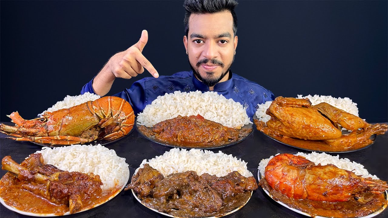 6 PLATE RICE WITH SPICY DUCK CURRY, MUTTON CURRY,PRAWN CURRY,GIANT LOBSTER,WHOLE CHICKEN EATING SHOW