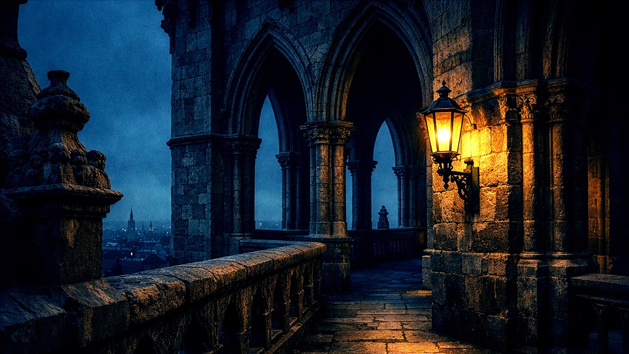 Medieval Cathedral Atrium | Warm Lantern & Cold Night Wind Sounds | Deep Sleep & Study