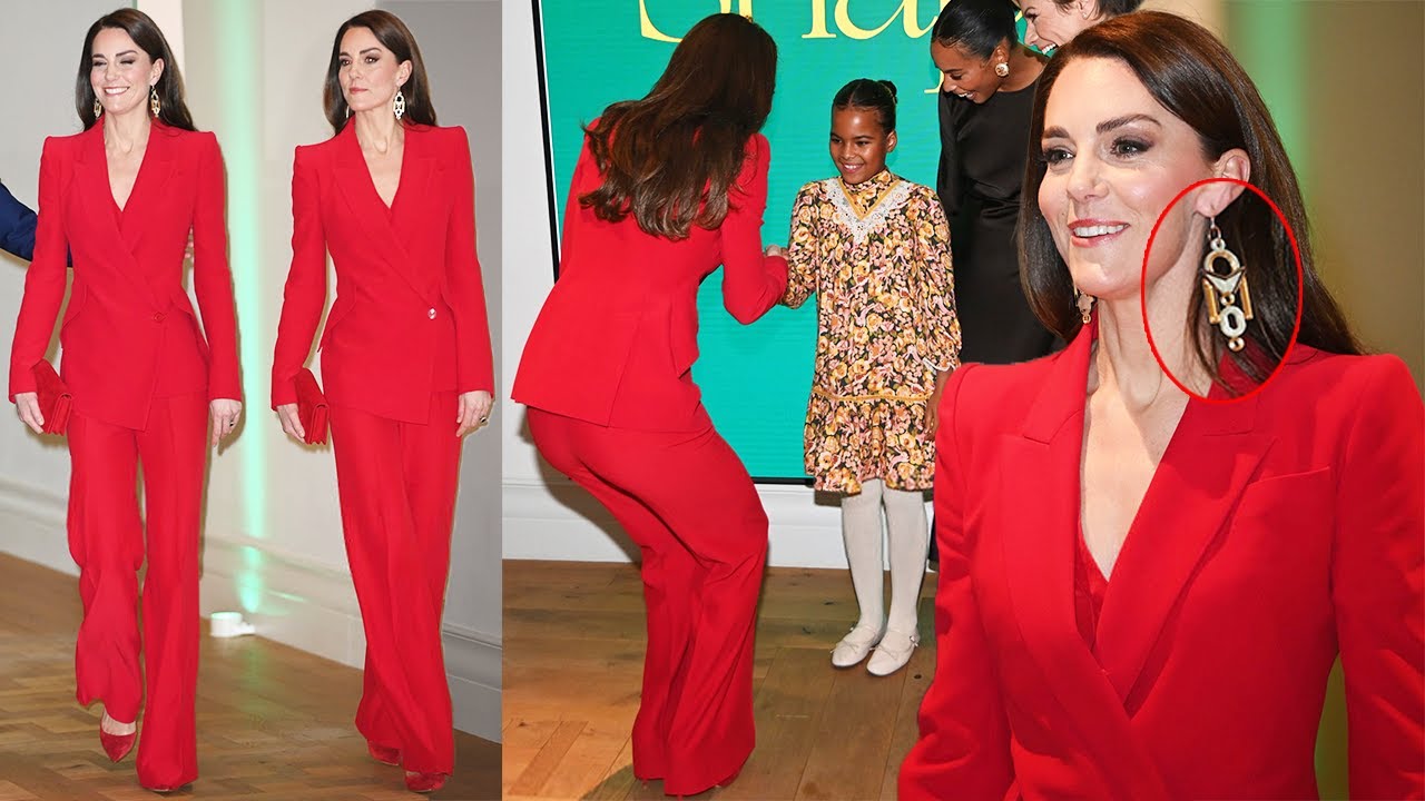KATE MIDDLETON GORGEOUS IN RED POWER SUIT ALEXANDER MCQUEEN AT HER NEW CAMPAIGN