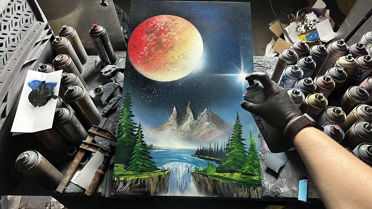 Valley under burning Moon 🌙 - SPRAY PAINT ART by Skech