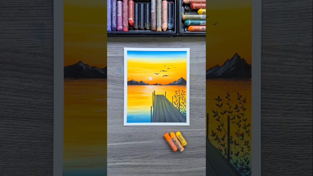🌅✨ Easy Sunset Pier Scenery Drawing | Oil Pastel Art Tutorial