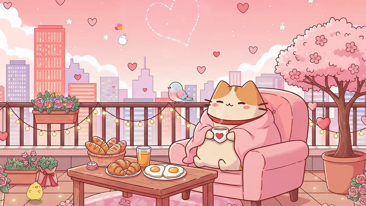 Pusheen Valentine Cozy Morning 💕🐱 | Romantic City View, Pink Aesthetic & Chill Lofi Music
