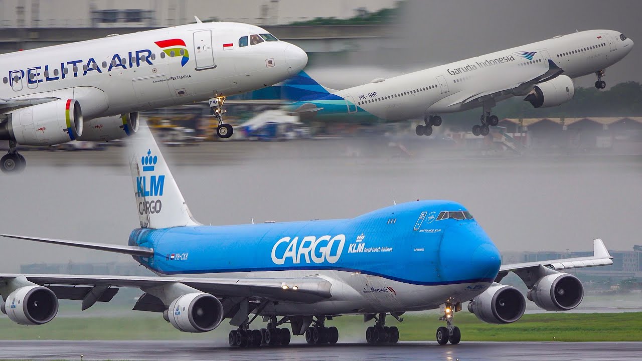 AMAZING!! Plane Takeoffs & Landings in HEAVY RAIN and STRONGWIND Conditions | Soekarno Hatta Airport