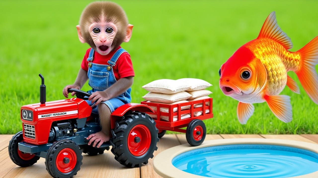 Monkey Nana drives a tractor loaded with food sacks and encounters a brick wall on the village road
