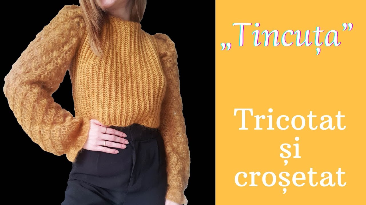 „Tincuța” - Bluza tricotata cu maneci crosetate din Kid- Silk Mohair si Alpaca