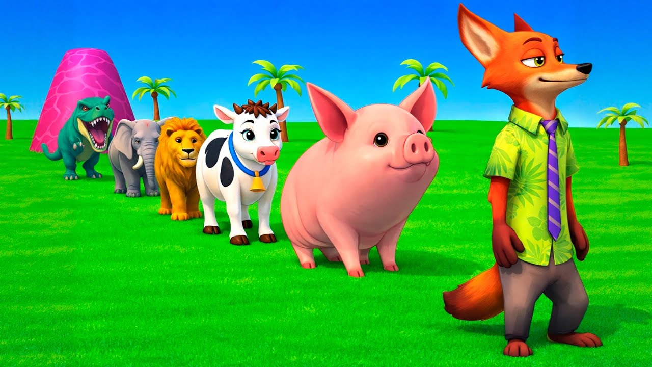 Long Slide Game With Elephant Gorilla Buffalo Hippopotamus Tiger - 3d Animal Game - Funny 3d Animals