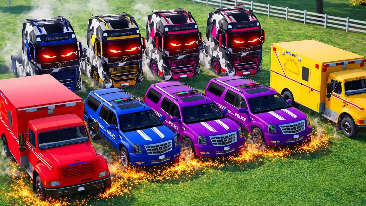 HAPPY RAINBOW GARAGE –TRANSPORTING POLICE CARS, AMBULANCE, WITH TRUCK - Farming Simulator 22