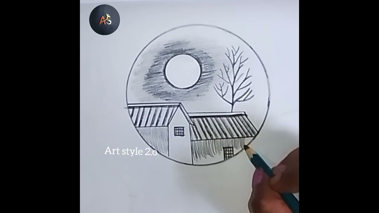 Peaceful Village Drawing | Pencil Sketch of a Moonlit Night Scenery