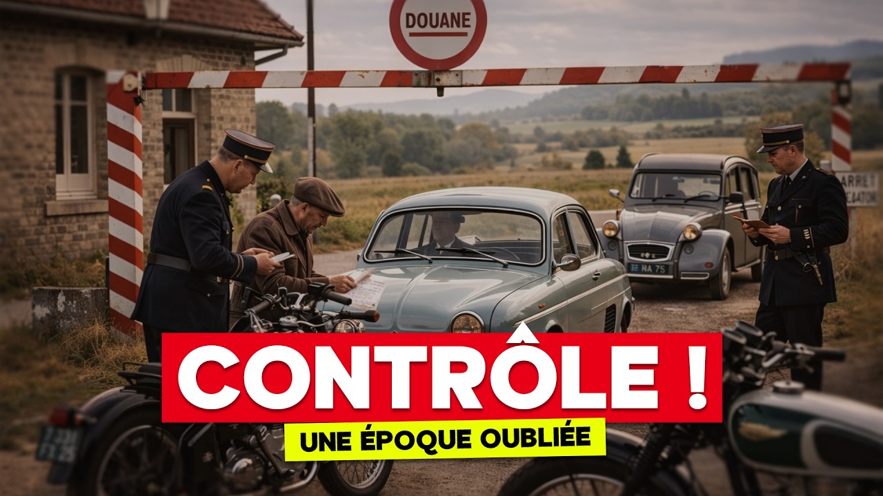 Une Renault Dauphine, une 2cv, une MOTO et un DOUANIER En 1958 il fallait s’arrêter aux frontières !