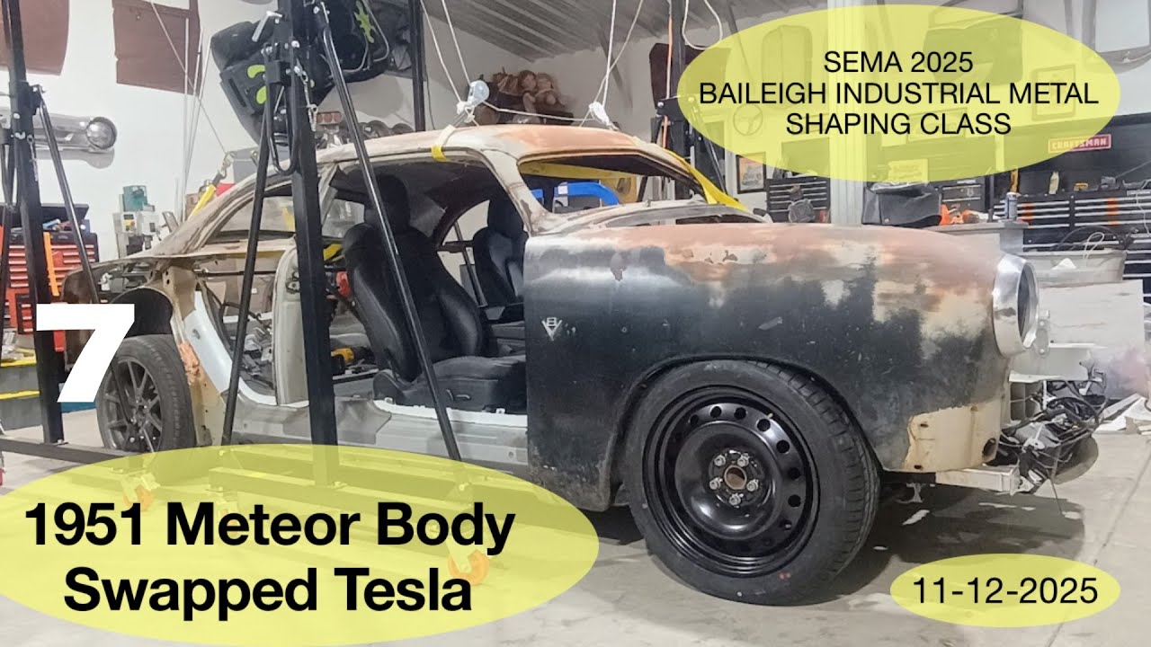 Electric car conversion, 1951 Shoebox body fit to Tesla unibody,  SEMA 2025, body swap, custom build