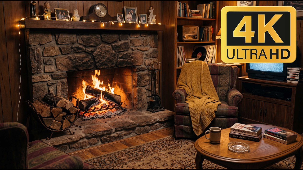 12H Live Retro Fireplace 4K 📺 80s/90s Vintage Living Room, Cozy Fire Ambience (No Music)