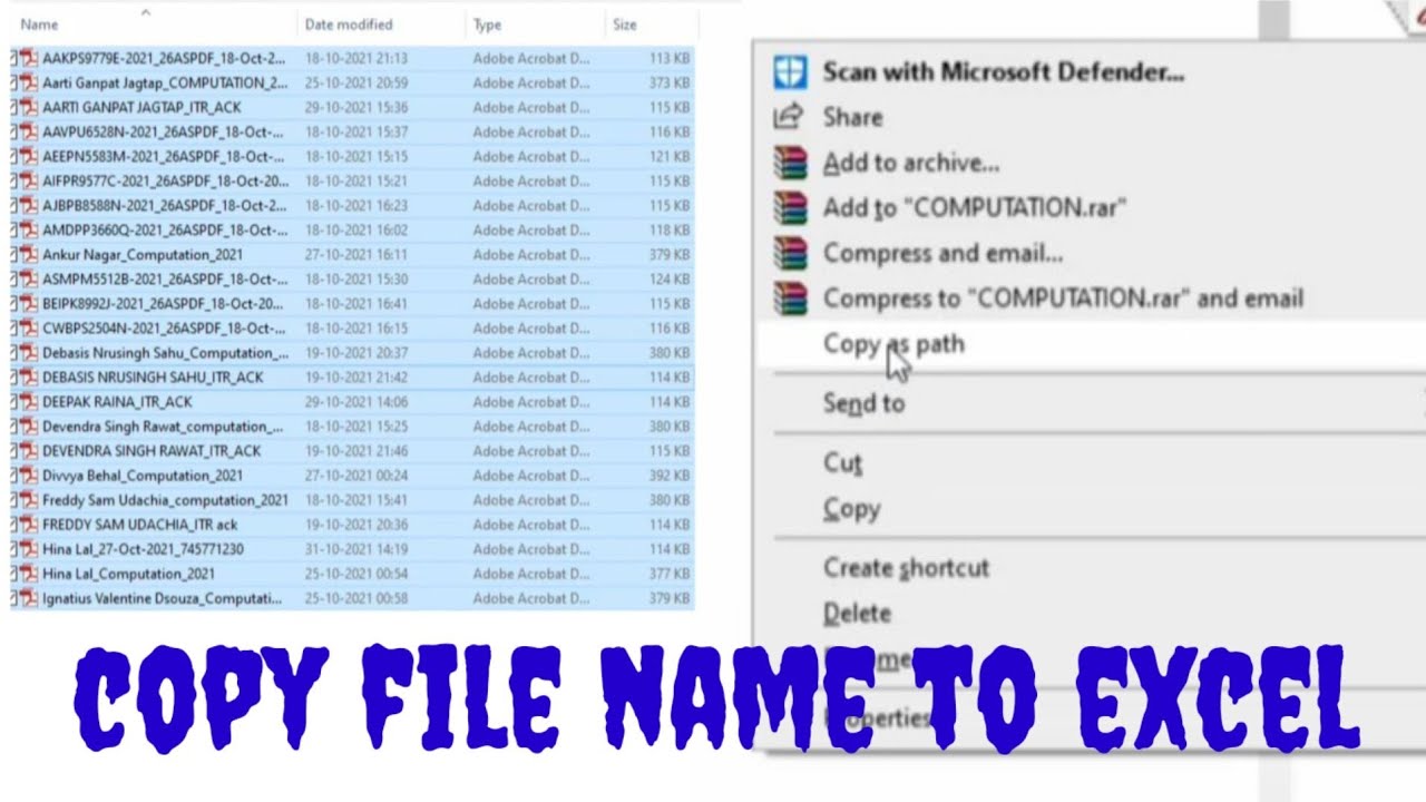 copyaspath | Copy list of File name into excel | copy multi pdf name to excel