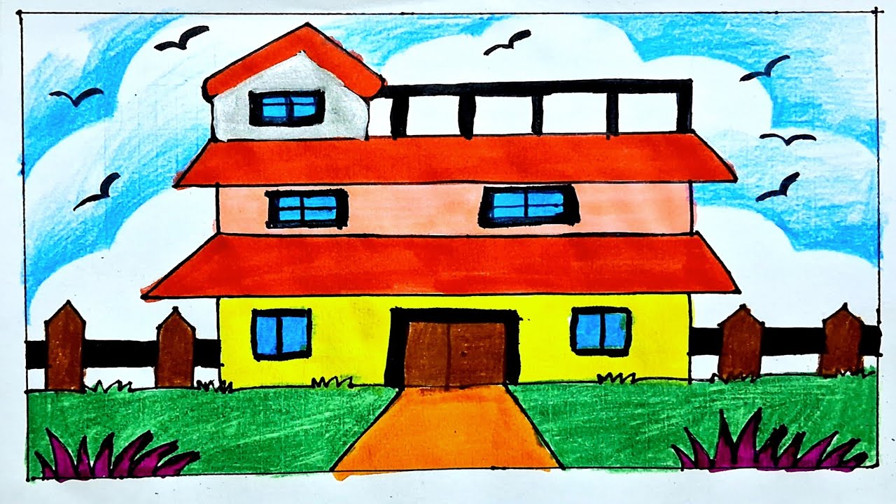 Beautiful House Drawing with Pencil Colour Easy / Very Easy Drawing of Big House / House Drawing 