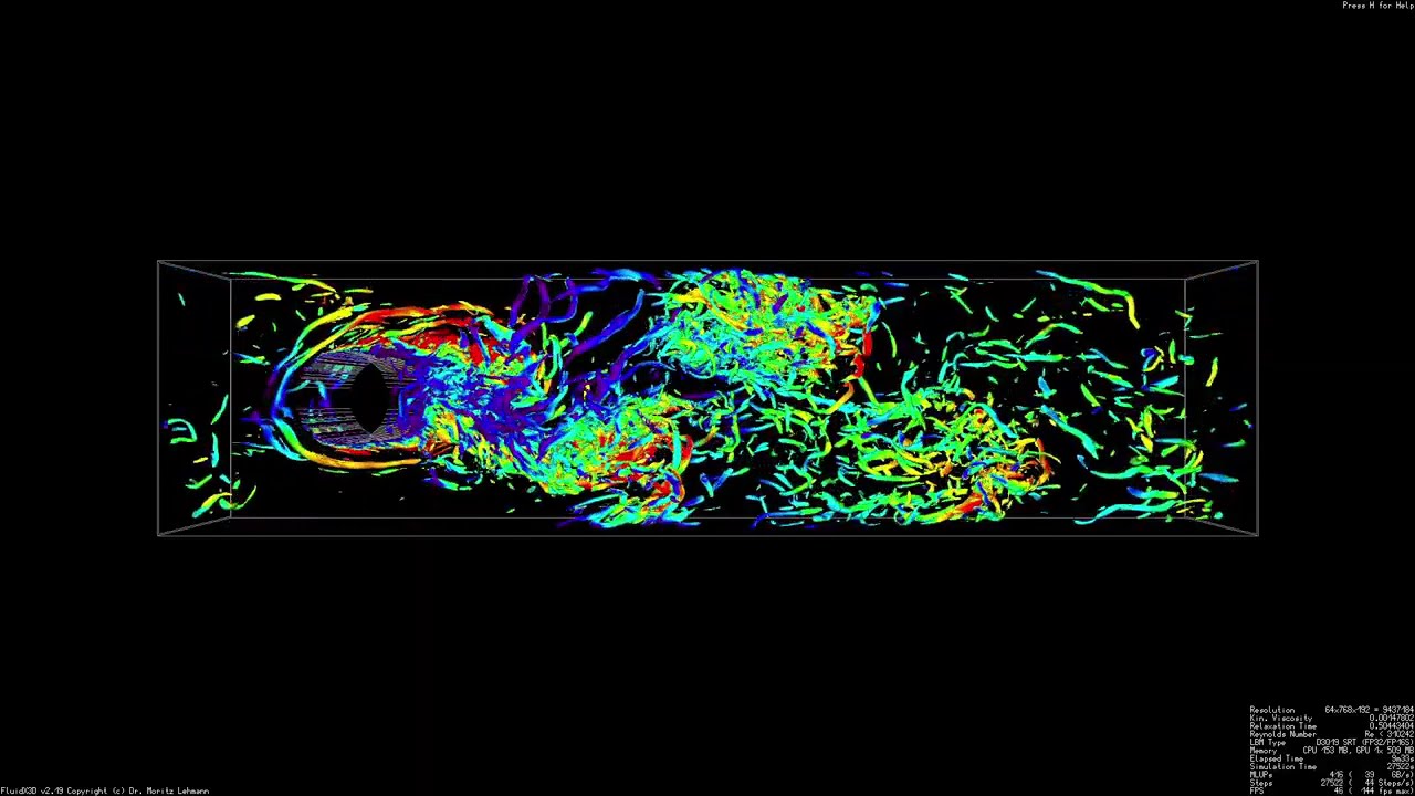 FluidX3D Simulation: Vorticity and Velocity Q-Criterion Iso-surface in Cylinder-Duct Flow