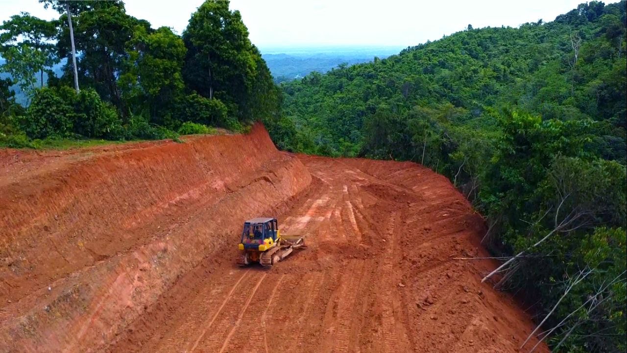 The Dozer Leveling Ground For Logging Road Construction On The Mountain