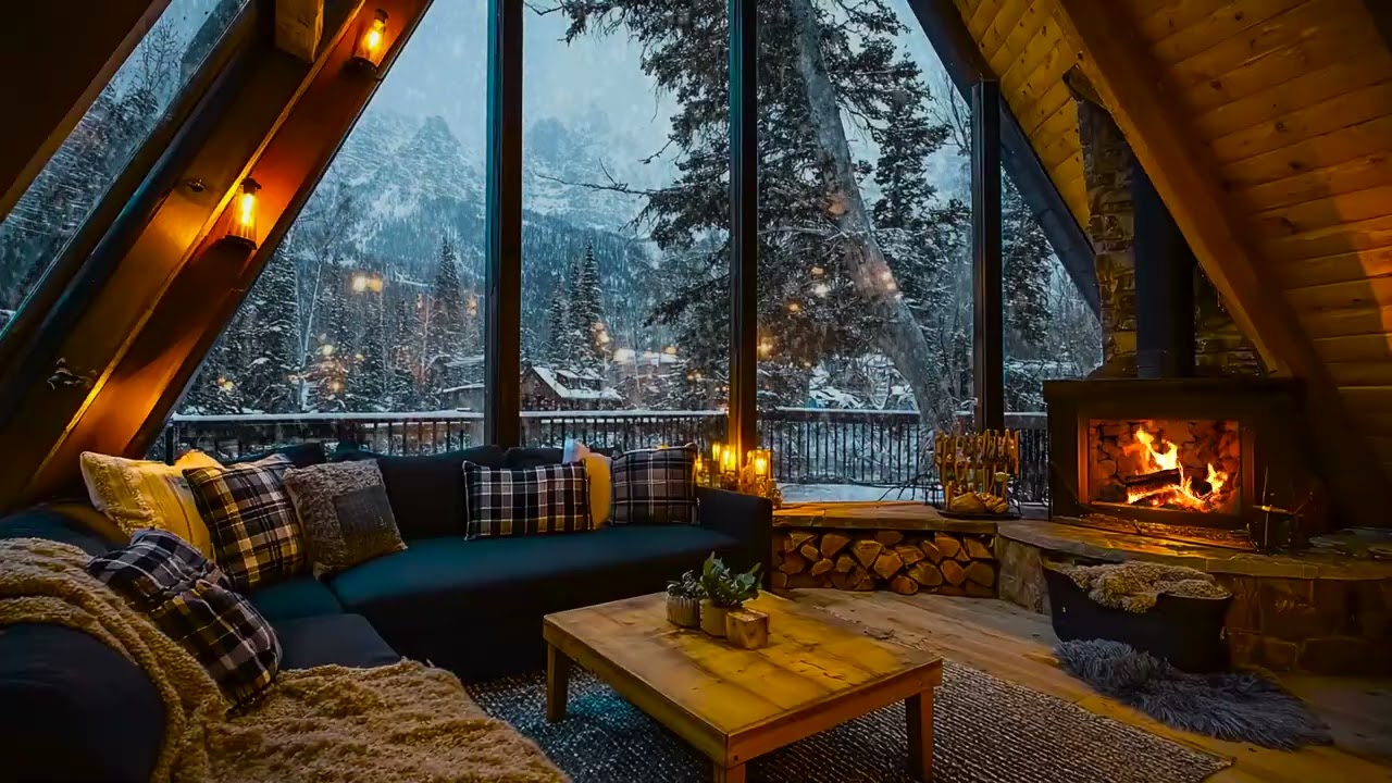 Cozy Snowy Winter Cabin Night with Gentle Fireplace Crackles and Soft Snow Sounds for Sleep
