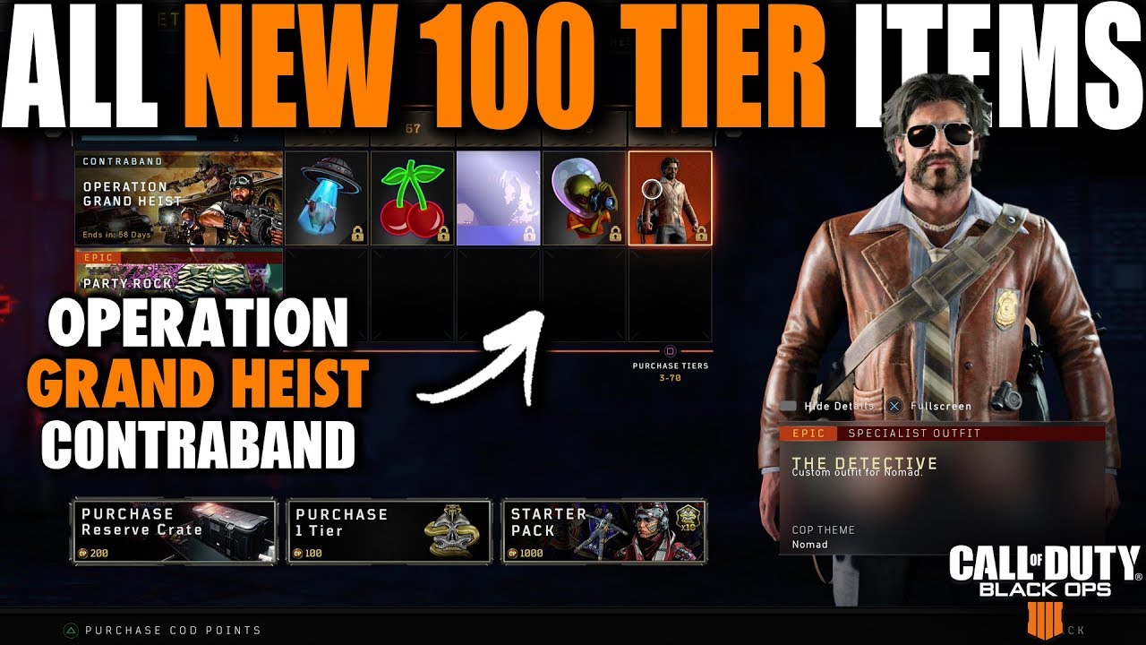 NEW BLACK OPS 4 OPERATION GRAND HEIST ALL 100 TIERS | CHARACTER SKINS, OUTFITS, CALLING CARDS & MORE
