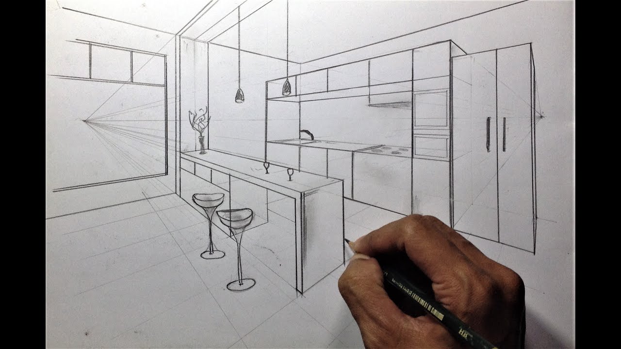How To Draw Simple Kitchen Set and Mini Bar In Two Point Perspective #2