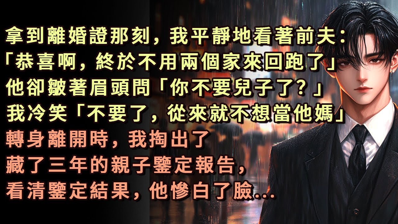 拿到離婚證那刻，我平靜地看著前夫：「恭喜啊，終於不用兩個家來回跑了」他卻皺著眉頭問「不要兒子了？」我冷笑「不要了，從來就不想當他媽」轉身離開時，我掏出了藏了三年的親子鑒定報告，看清鑒定結果，他慘白了臉