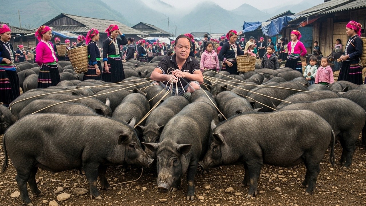 The man went to the highland market and bought a lot of pigs to raise - A pig farm in the forest