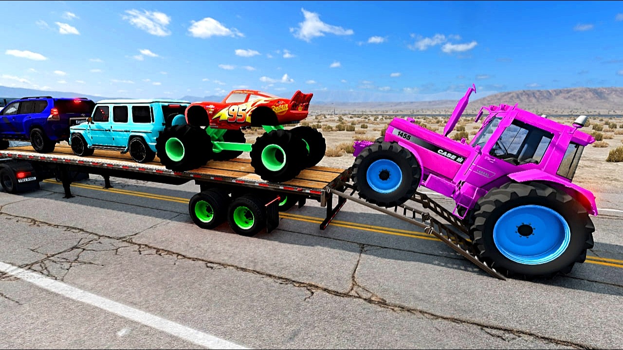 TRANSPORTING PIXAR CARS & FRUITS WITH COLORED & JOHN DEERE vs CLAAS vs TRACTORS - BeamNG.drive #962