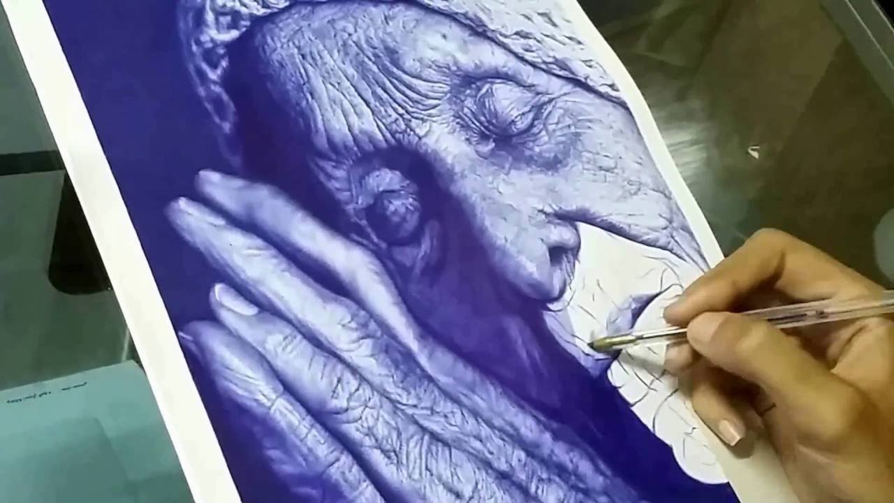 Drawing Old Woman With Ballpoint Pen