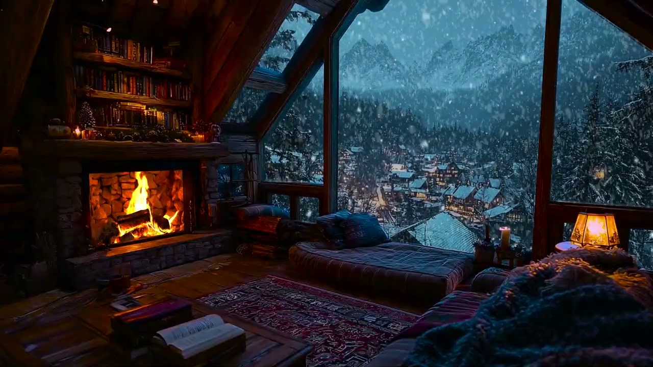 Calm Winter Cabin Snowfall with Gentle Fireplace Crackling Sounds for Deep Sleep & Study Relaxation