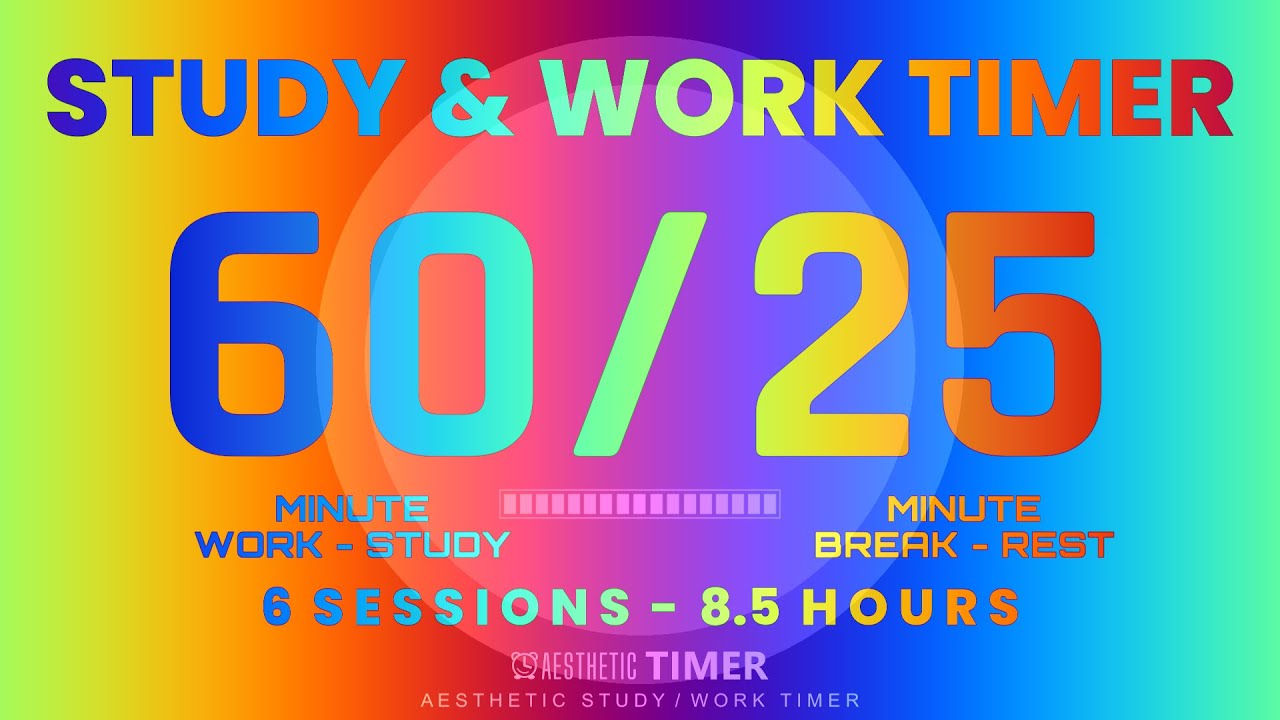 60/25 Silent Pomodoro Timer | No Music Study Session, 6 Sessions, 8.5 Hour Study, Gentle Alarm