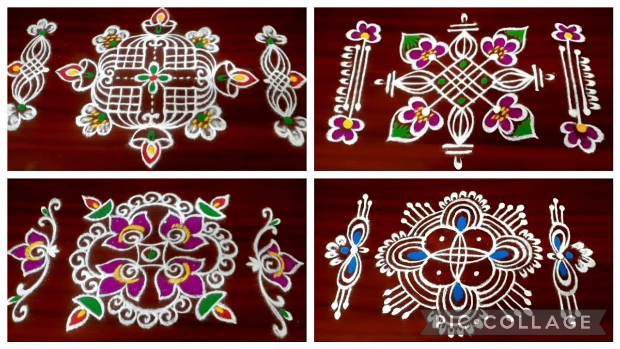 4 Beautiful kolams with side borders💥Small kolams💥Chinna muggulu💥Daily rangoli designs.