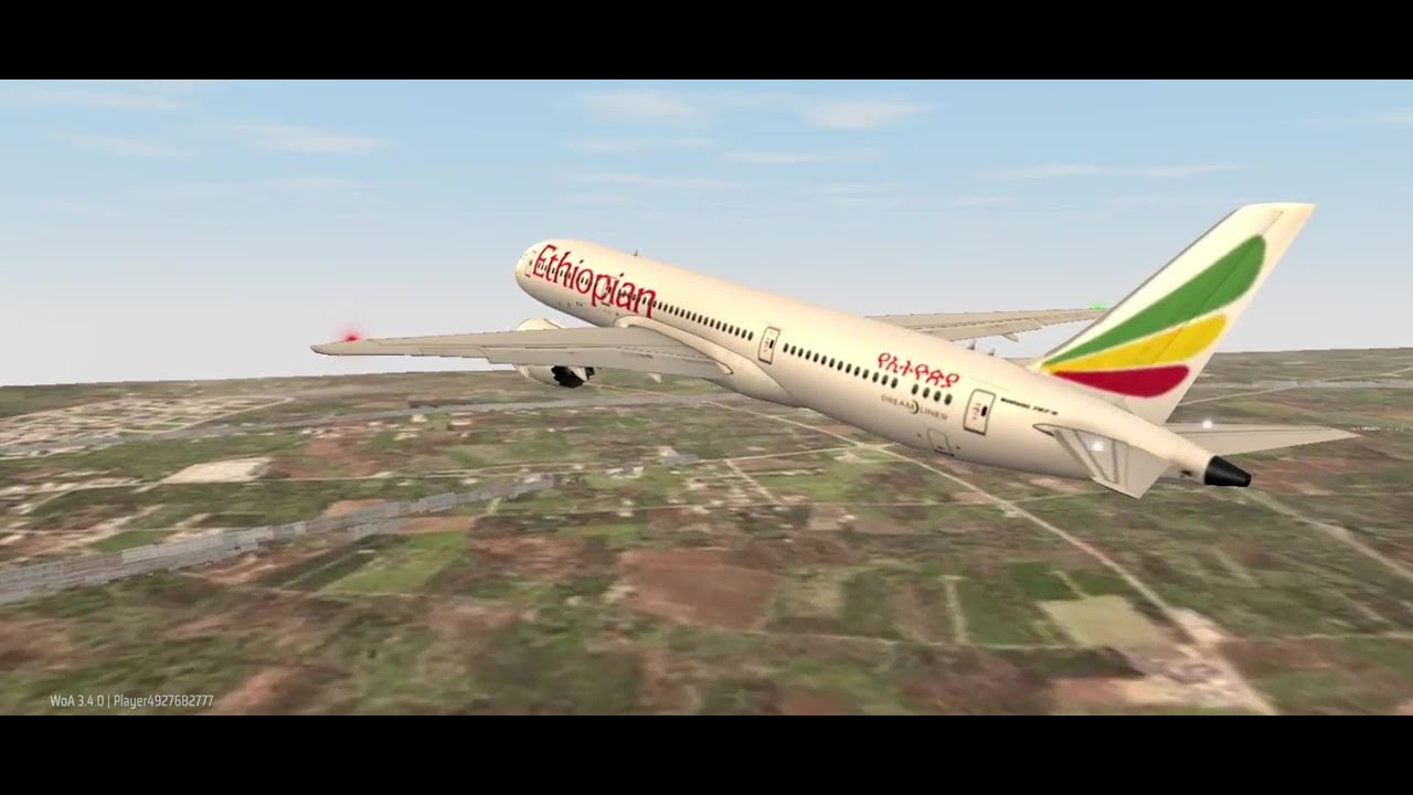 Boeing 787-9 Dreamliner, Ethiopian Airlines in a unique livery. Bari Airport. Taxiing, takeoff. B789