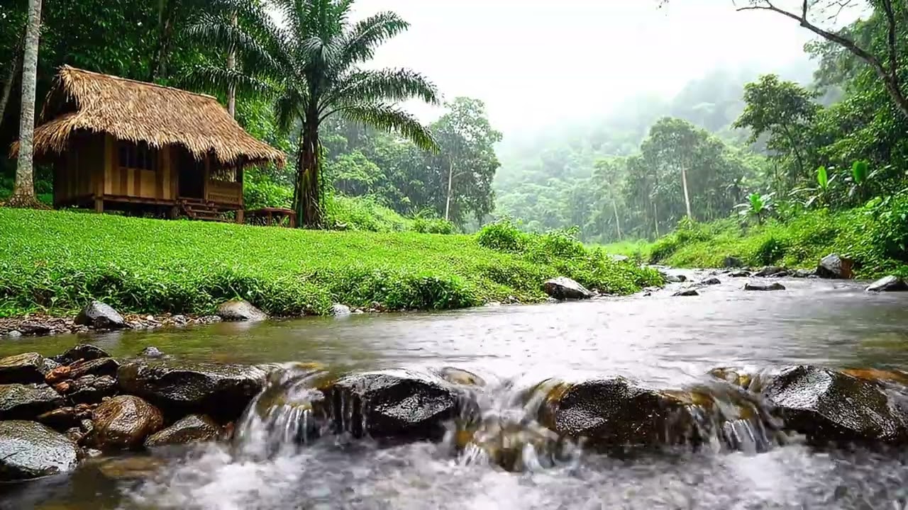 Peaceful Jungle River and Rain Near a Quiet Bamboo Hut